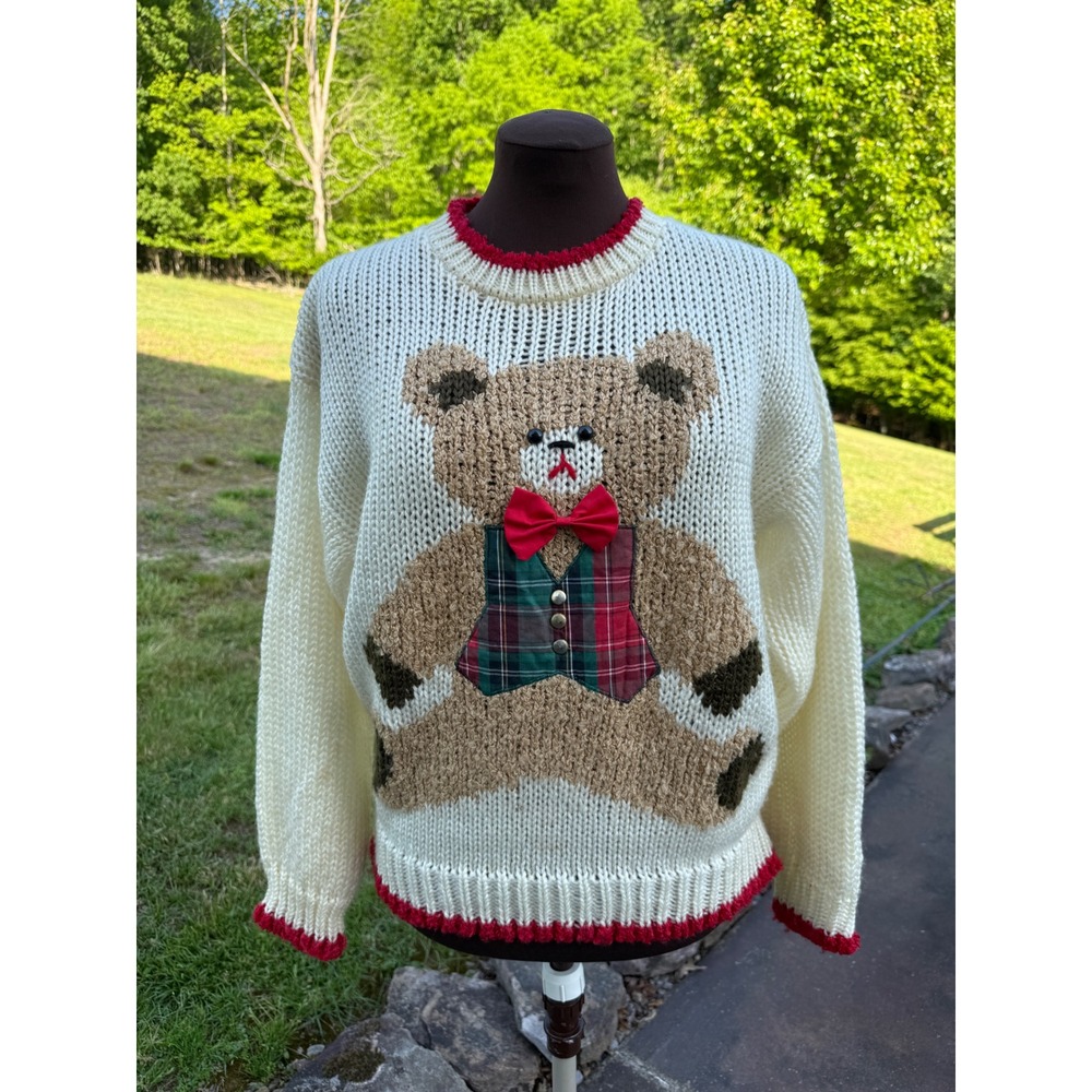 Color Cues Vintage Teddy Bear Bow Tie Hand Knit Sweater Cream Red M chunky